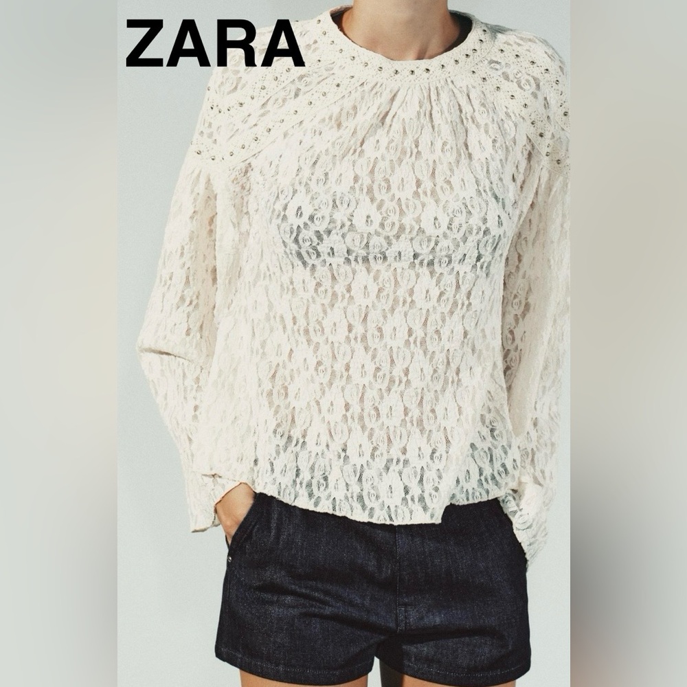 ZARA Studded Ecru Lace Women’s Top - Size L - NEW